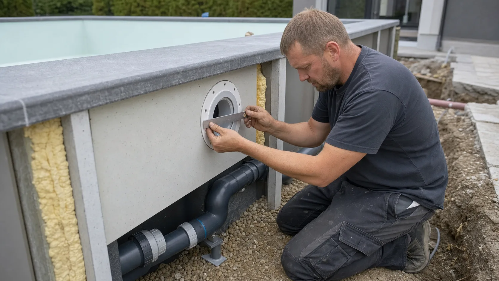 Pooltechniker kontrolliert Flansch, Dichtungsebene und abgestützte Rohrführung an einem Einbauteil im Pool