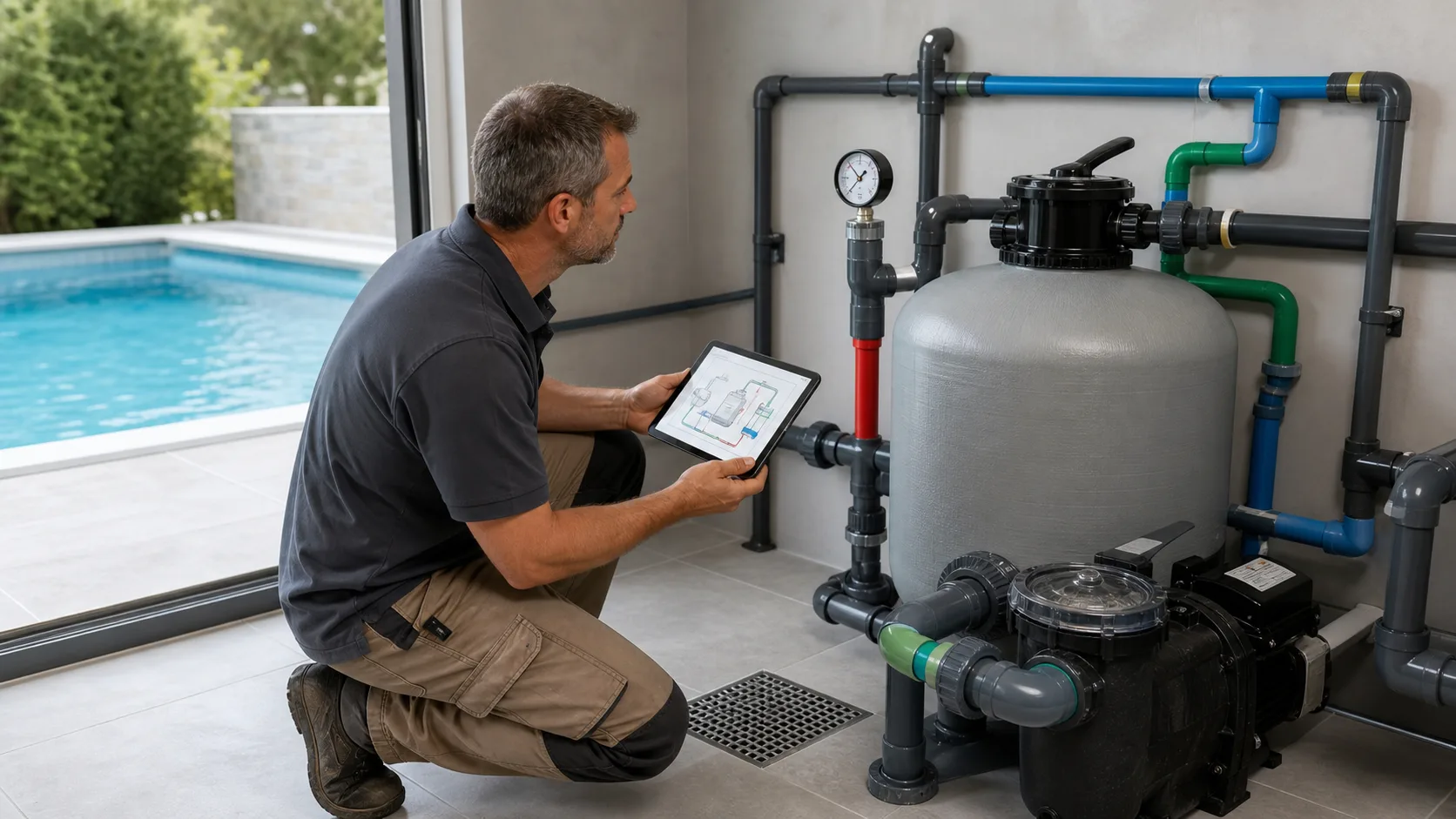 Pooltechniker prüft Filterkessel, Umwälzpumpe, Manometer und Rohrführung in einem privaten Pooltechnikraum